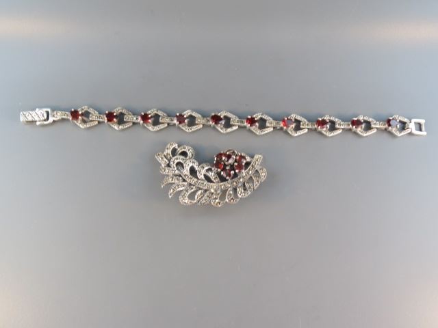 Appraisal: Garnet Sterling and Marcasite Jewelry Bracelet with pear shape gems