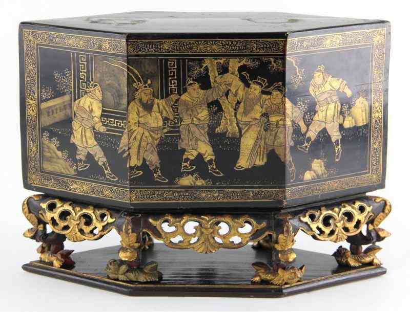 Appraisal: Chinese Lacquer Ware Traveling Shrinehexagonal form the top cover with