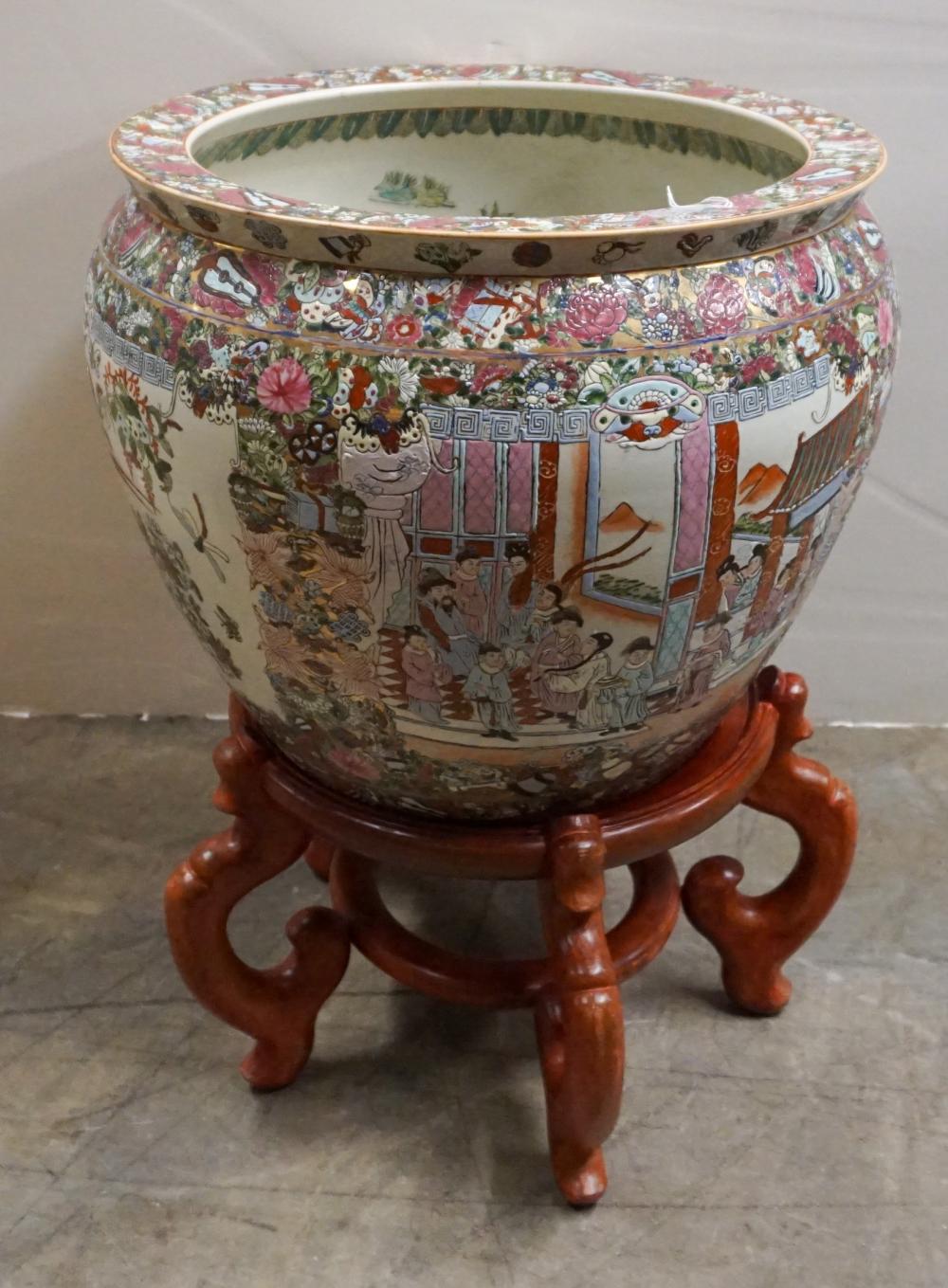 Appraisal: Chinese Rose Medallion Porcelain Fish Bowl with Hardwood Stand Overall