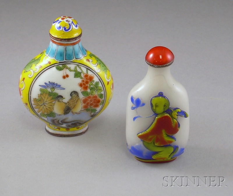 Appraisal: Enamel and Carved Glass Snuff Bottles enamel floral decorated the