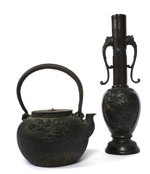 Appraisal: Two Japanese metal containers a bronze vase and an iron