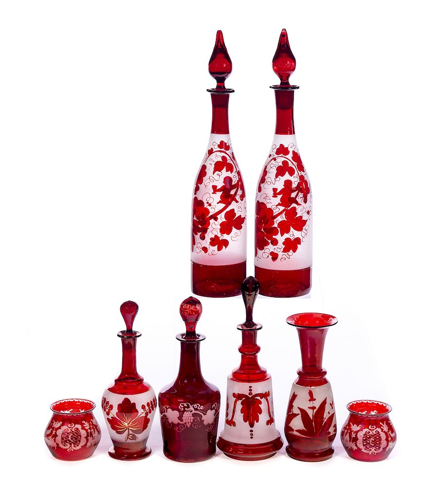 Appraisal: Etched Ruby Cut to Clear Bottles Excellent condition with no