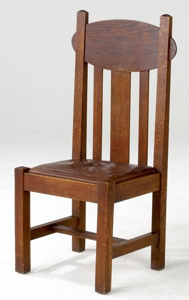 Appraisal: STYLE OF CHARLES RENNIE MACKINTOSH Oak side chair with leather