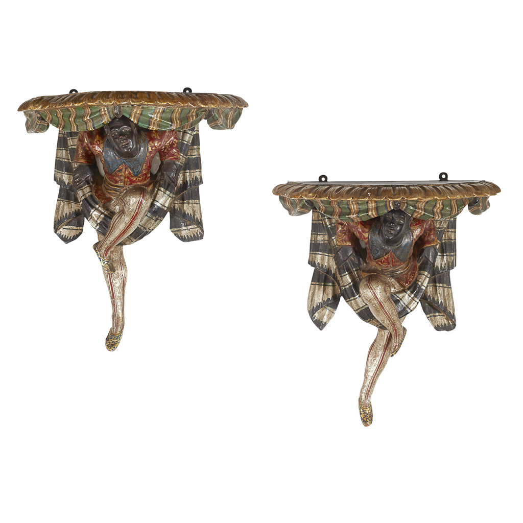 Appraisal: PAIR OF VENETIAN CARVED POLYCHROME WALL BRACKETS TH CENTURY the