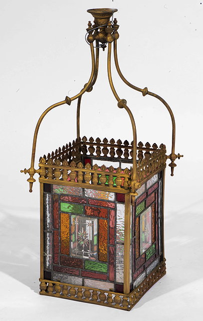 Appraisal: A VICTORIAN GILT BRASS HANGING LANTERN square sectioned and set