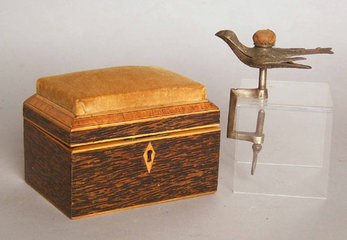 Appraisal: Veneered sewing box together with a bird clamp