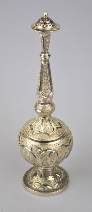 Appraisal: A Persian white metal Gulab-Pash rosewater sprinkler profusely chased with