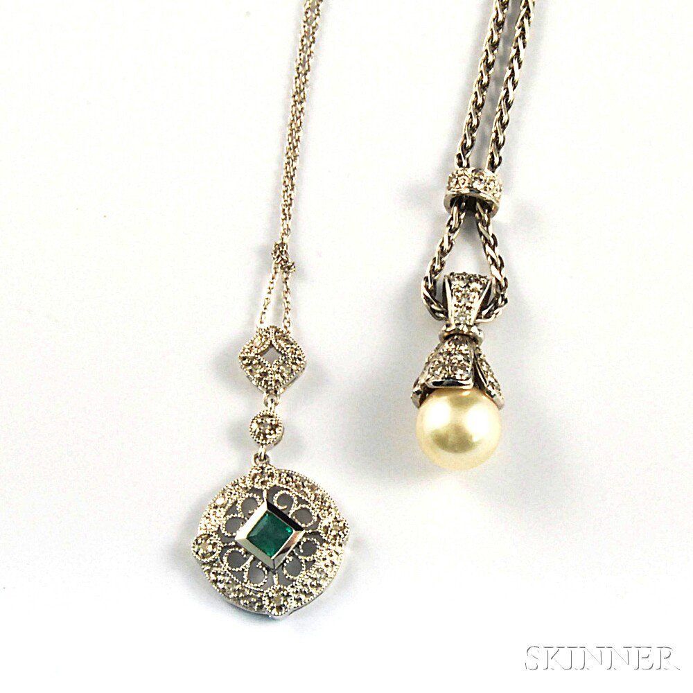 Appraisal: Two kt White Gold Gem-set Pendant Necklaces a white gold