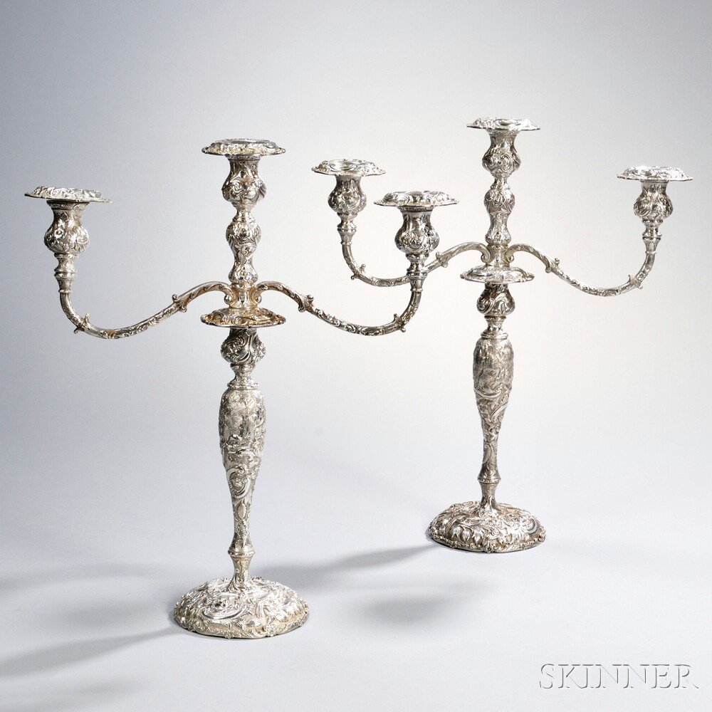 Appraisal: Pair of Sterling Silver Three-light Convertible Candelabra probably Baltimore c