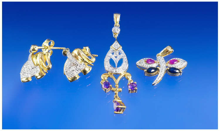 Appraisal: Small Collection Of ct Gold Diamond Jewellery Comprising Two Pendants