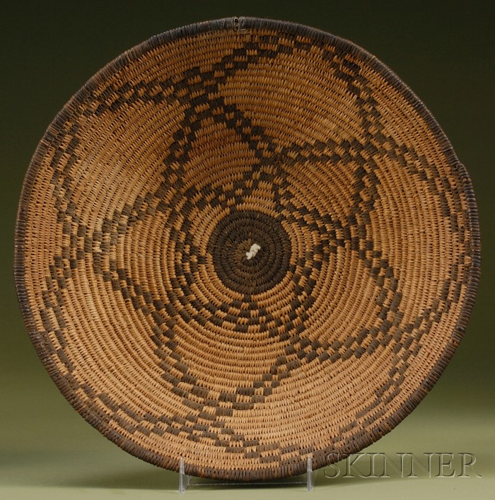 Appraisal: Southwest Coiled Basketry Tray Apache c with a five-petal grid