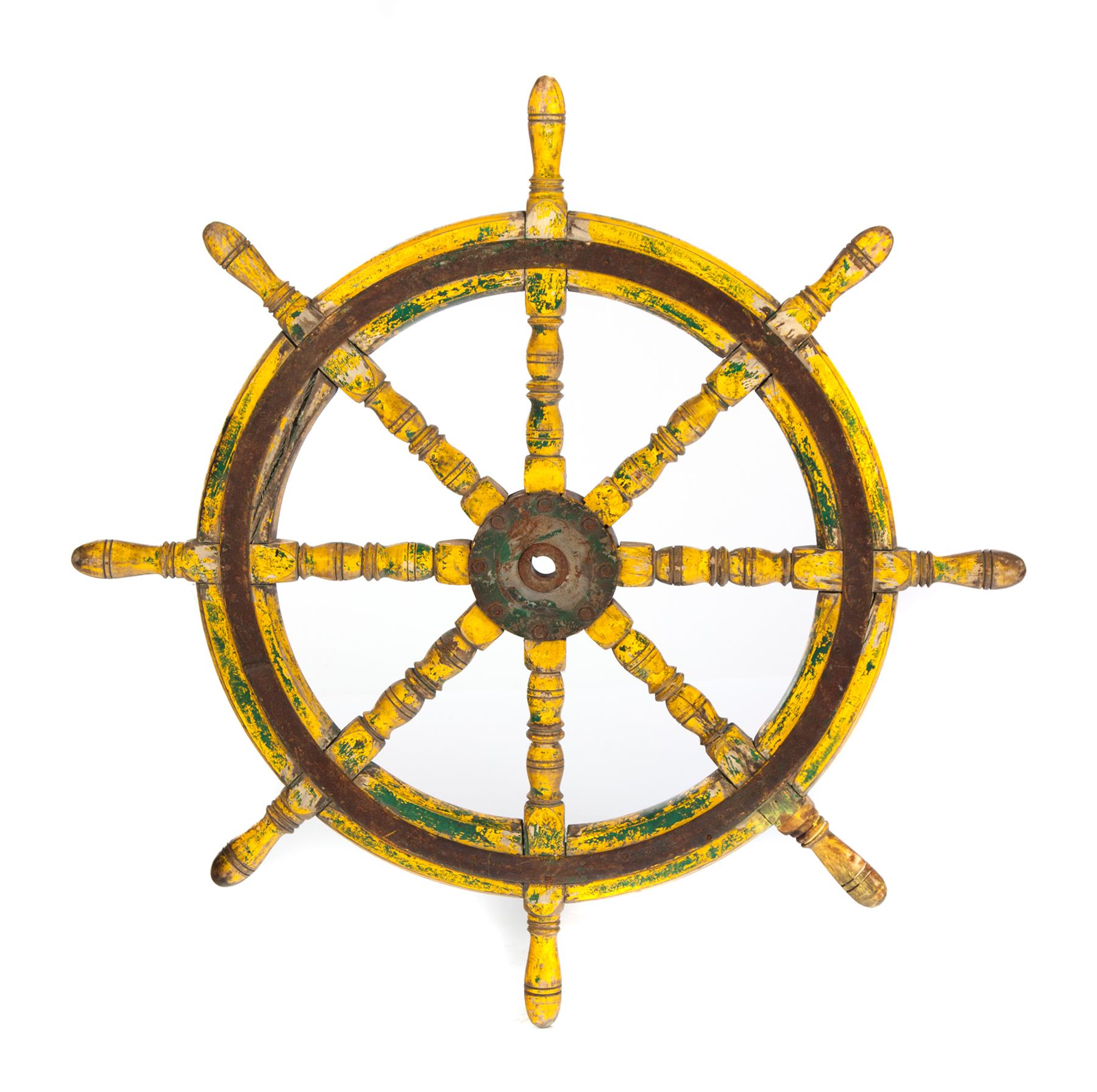 Appraisal: AMERICAN WOODEN SHIP'S WHEEL Second half- th century Wrought iron