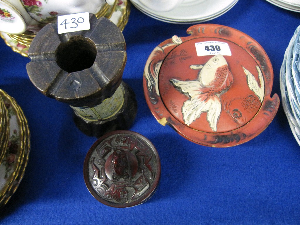 Appraisal: Lot comprising wooden candlestick oriental lacquered wooden pot and cover