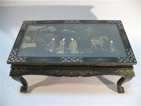 Appraisal: CHINESE LACQUER AND HARDSTONE INLAID LOW TABLE The rectangular top