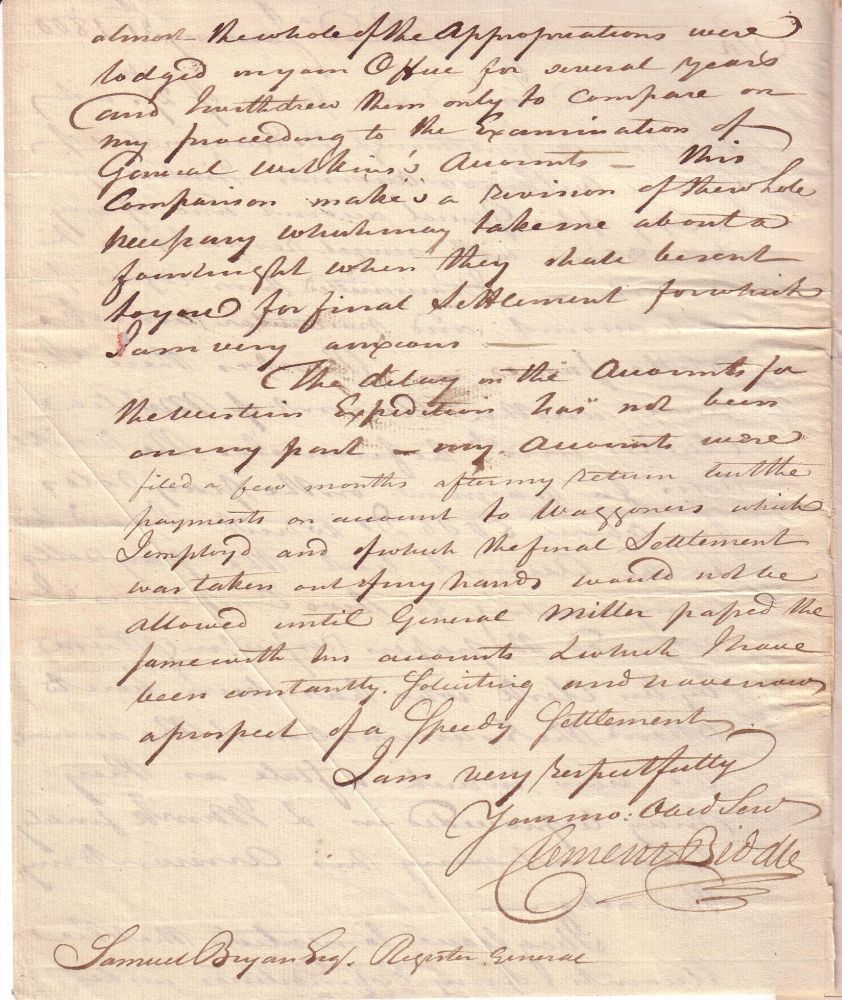 Appraisal: BIDDLE CLEMENT Autograph Letter Signed to Samuel Bryan Register-General of