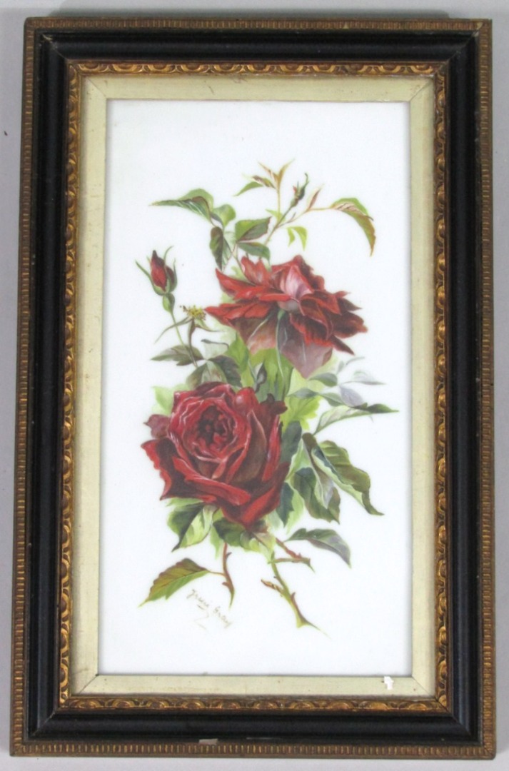 Appraisal: Jessie Grey th thC Roses oil on opaque glass panel