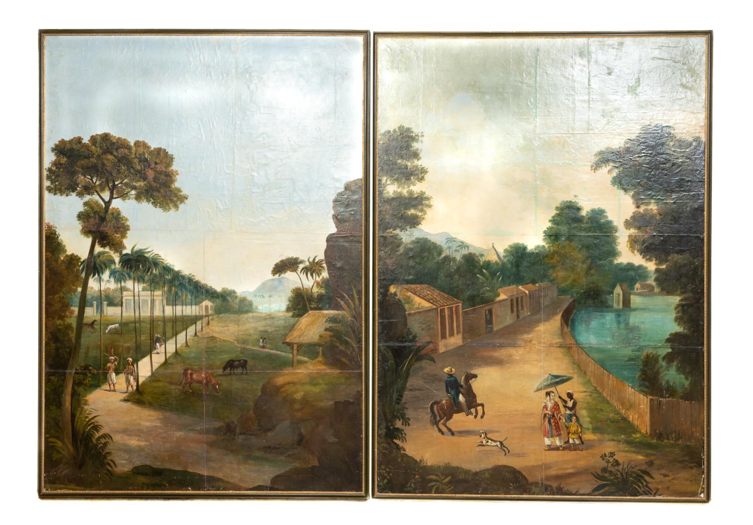 Appraisal: PAIR TH C LARGE TROPICAL SCENE WALLPAPER PANELS Pair of