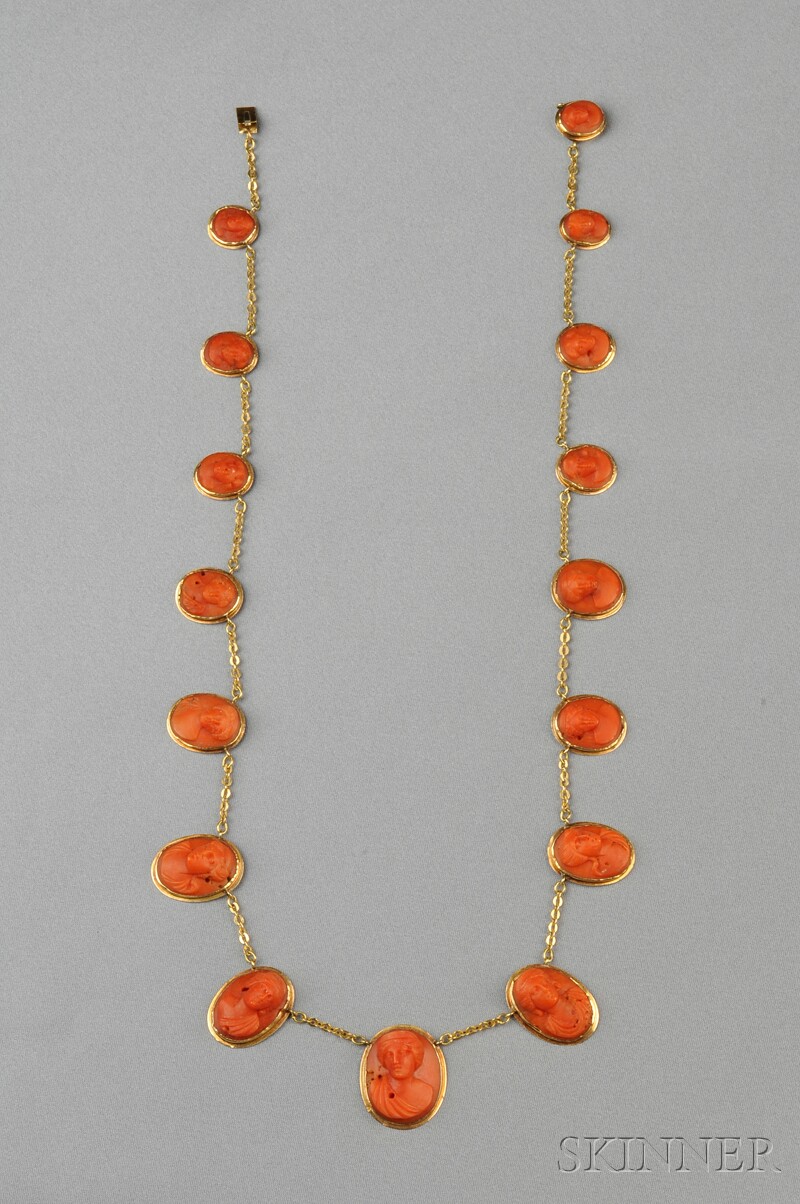 Appraisal: Coral Cameo Necklace composed of sixteen graduating antique coral cameos