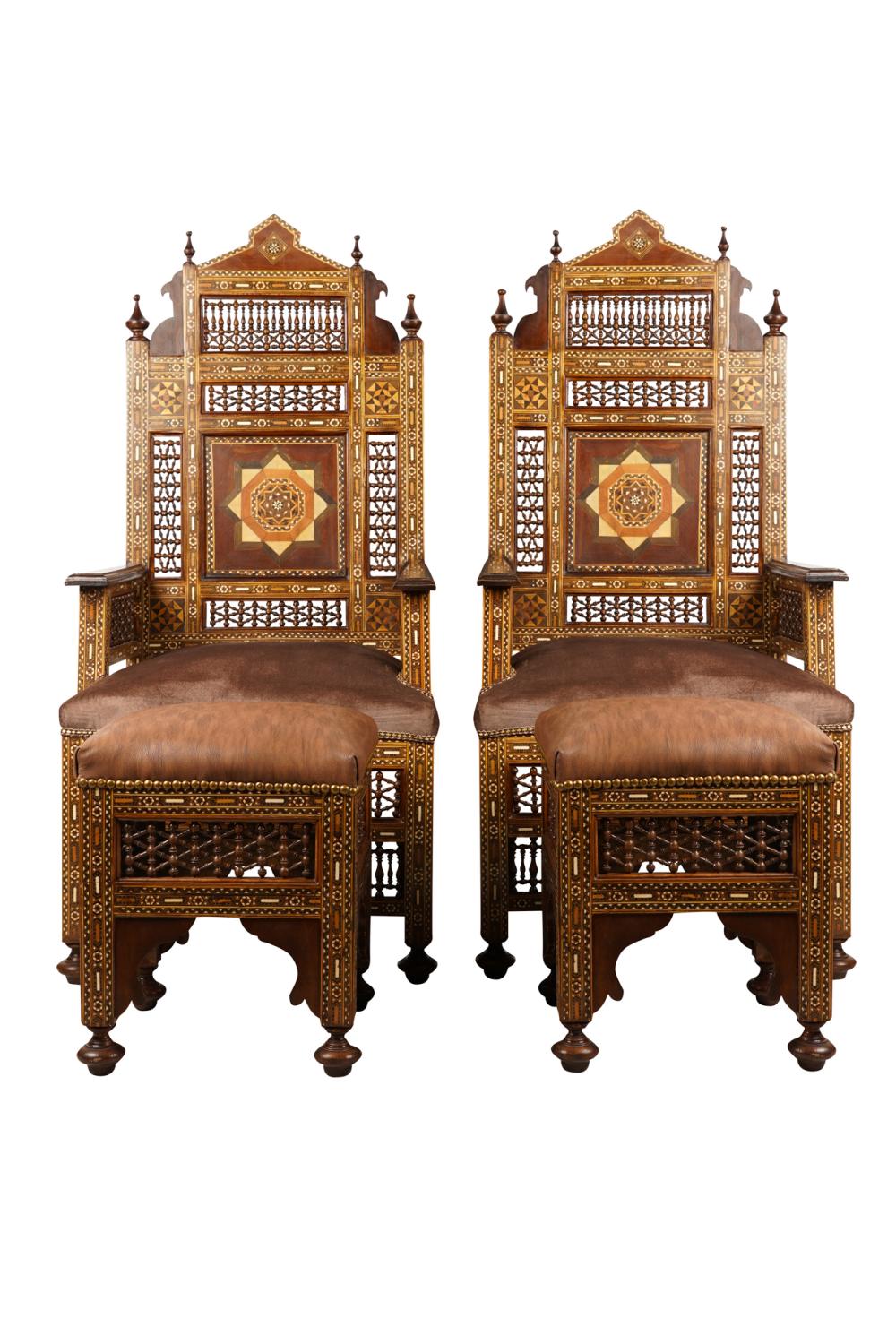 Appraisal: PAIR OF MOORISH-STYLE INLAID THRONE CHAIRS WITH OTTOMANS st century