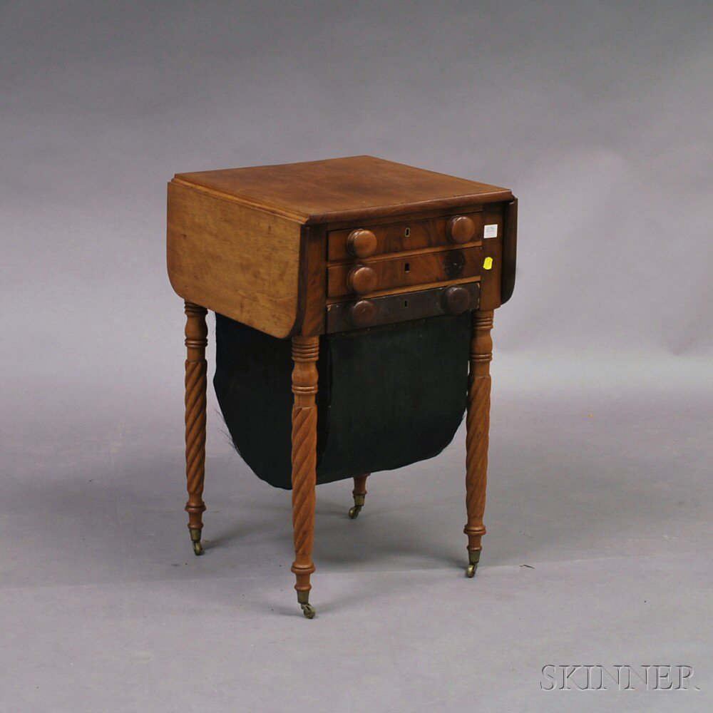 Appraisal: Classical Walnut Three-drawer Sewing Stand America th century the top