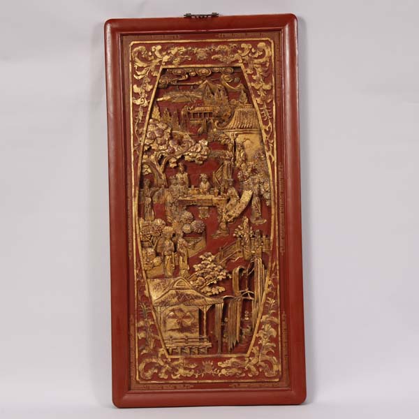 Appraisal: Chinese carved red lacquer panel with gilt palace scene x