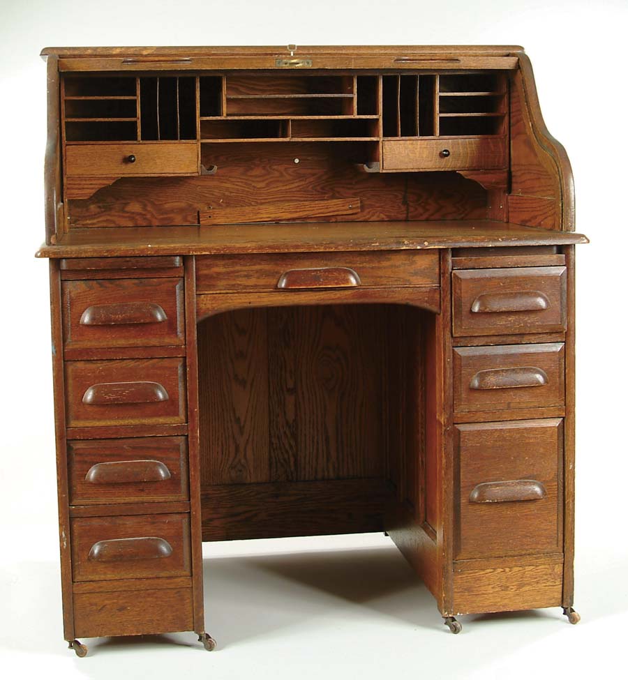 Appraisal: OAK S ROLL TOP DESK Original finish Two drawer and