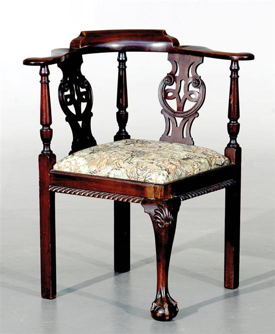 Appraisal: English carved mahogany and tapestry corner chair last half th