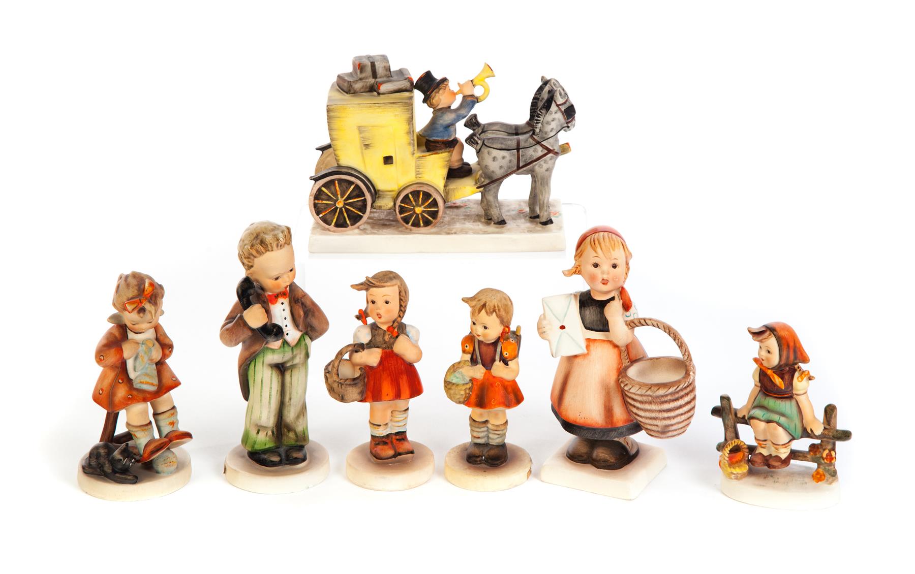 Appraisal: SEVEN HUMMEL FIGURINES Germany nd half- th century Girl with