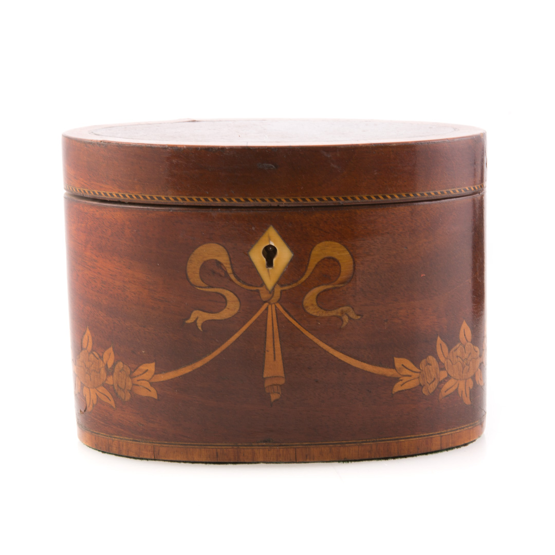 Appraisal: Regency mahogany inlaid oval tea caddy circa with elaborate stringer