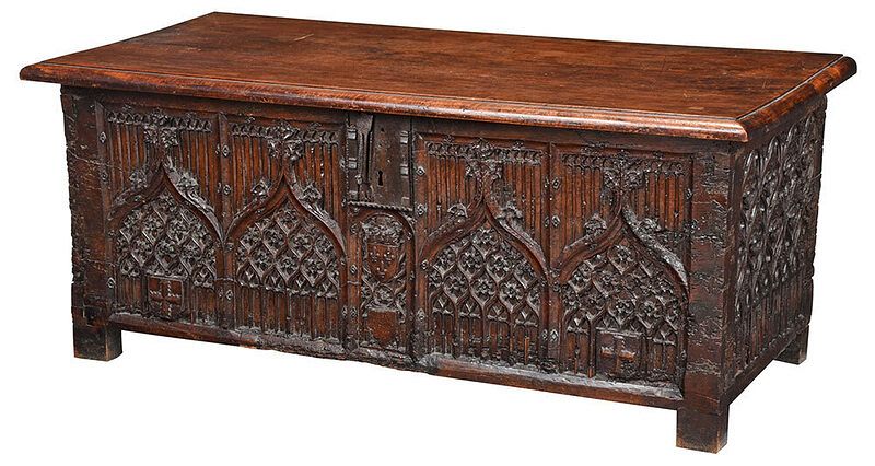 Appraisal: Fine Gothic Tracery Carved Iron Mounted Coffer French or possibly