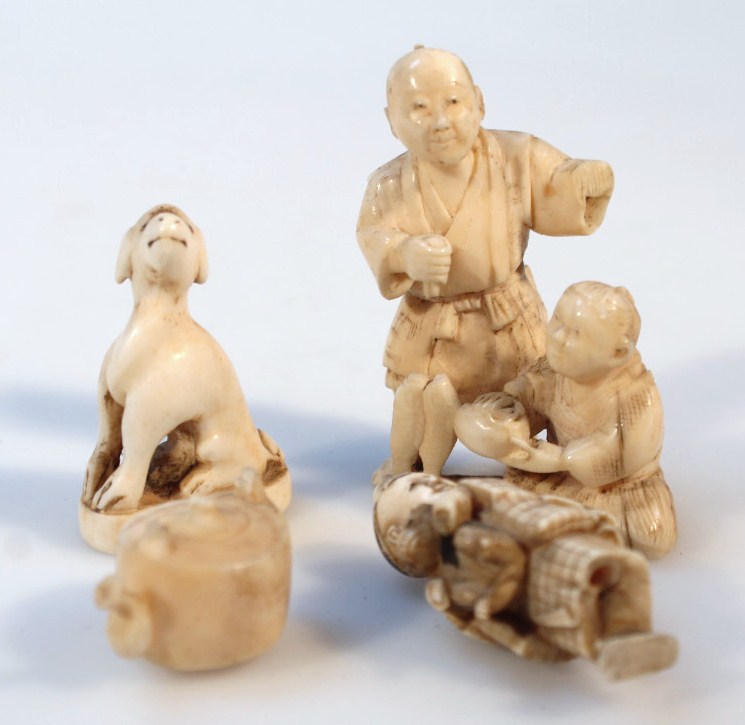 Appraisal: Various Japanese Meiji ivory figure groups comprising of a scholar