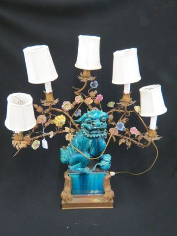 Appraisal: Chinese Pottery Bronze Foo Dog Figural Lamp French chantilly style