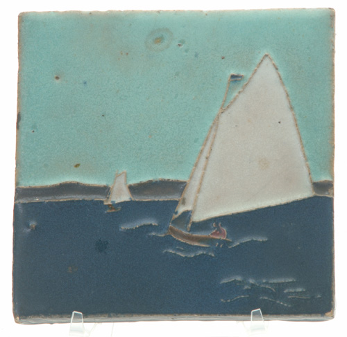 Appraisal: VAN BRIGGLE Rare tile decorated in cuenca with sailboats on