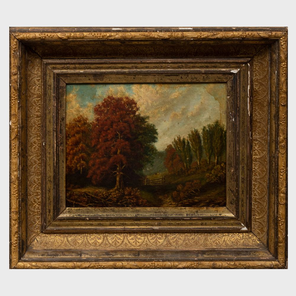 Appraisal: English School Autumn Scene Oil on paperboard unsigned with an