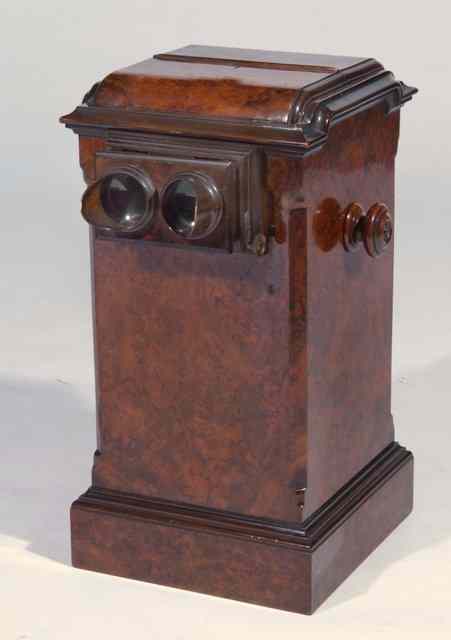 Appraisal: A VICTORIAN BURR WALNUT STEREOSCOPE BOX of square cut form