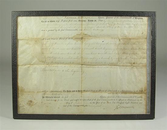 Appraisal: Virginia Land Grant Signed by James Monroe Warrant on parchment