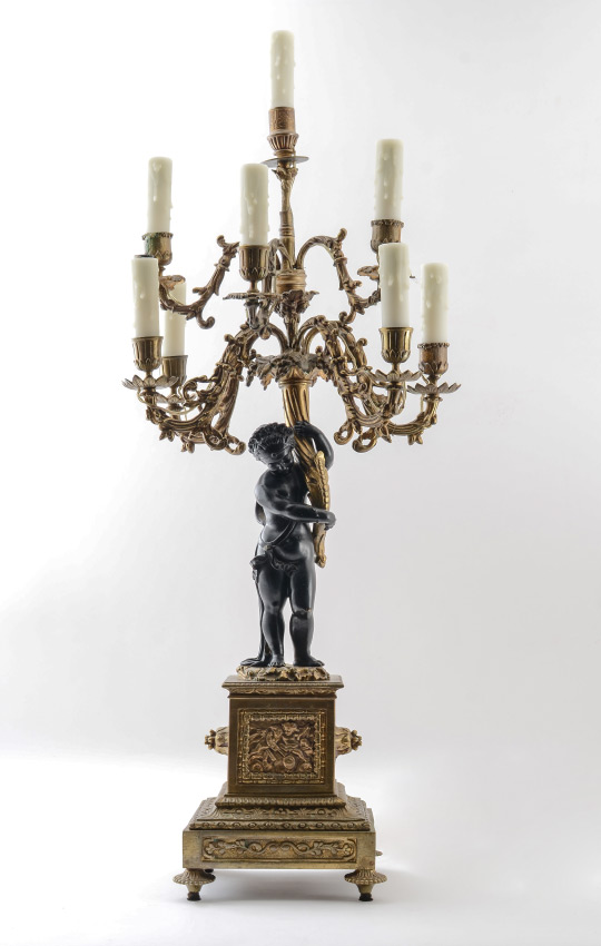 Appraisal: FIGURAL BRONZE LIGHT BANQUET LAMP Electrified patinated figural putti holding