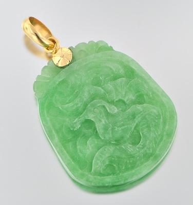 Appraisal: A Carved Green Jade Pendant k yellow gold bail fitted