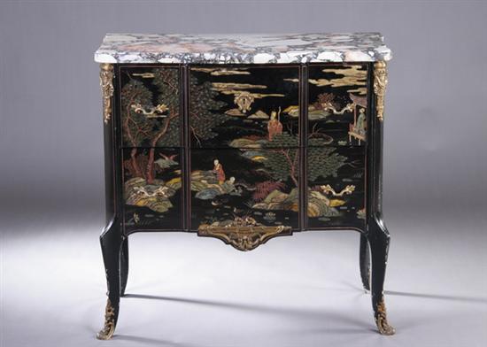 Appraisal: LOUIS XVI STYLE JAPANNED COMMODE th century Breakfronted marble slab