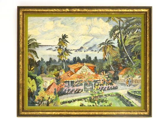 Appraisal: th C oil on canvas tropical landscape with red roofed