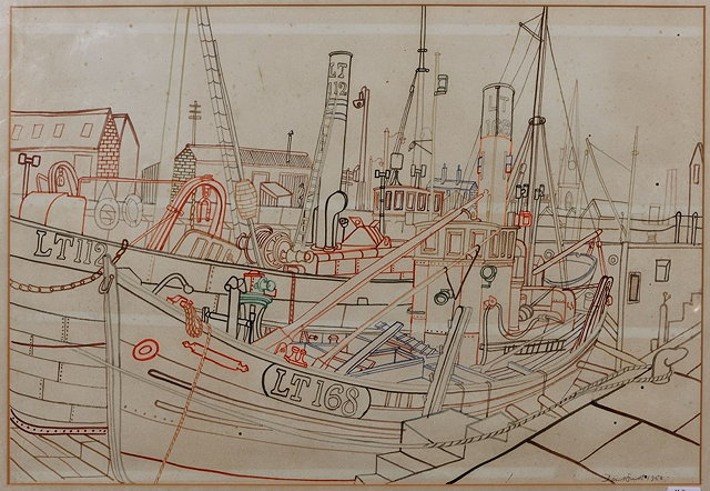 Appraisal: David Smith British - A view of tug boats in