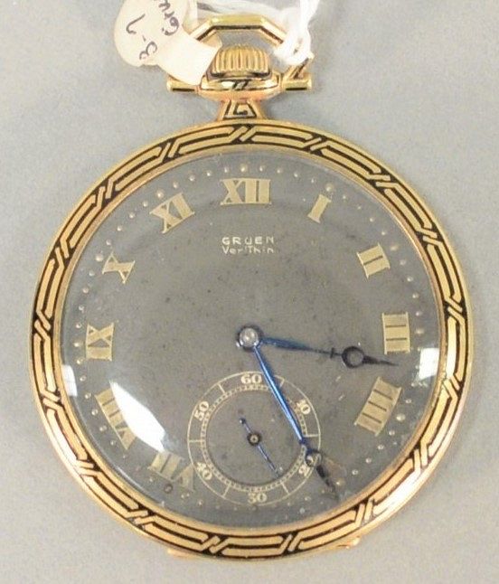 Appraisal: k gold Gruen Very Thin open face pocket watch black