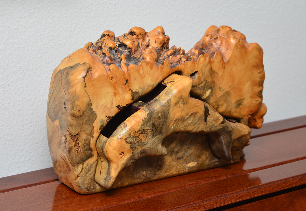 Appraisal: BURL WOOD FIGURAL DOLPHIN JEWEL BOX Free form case single