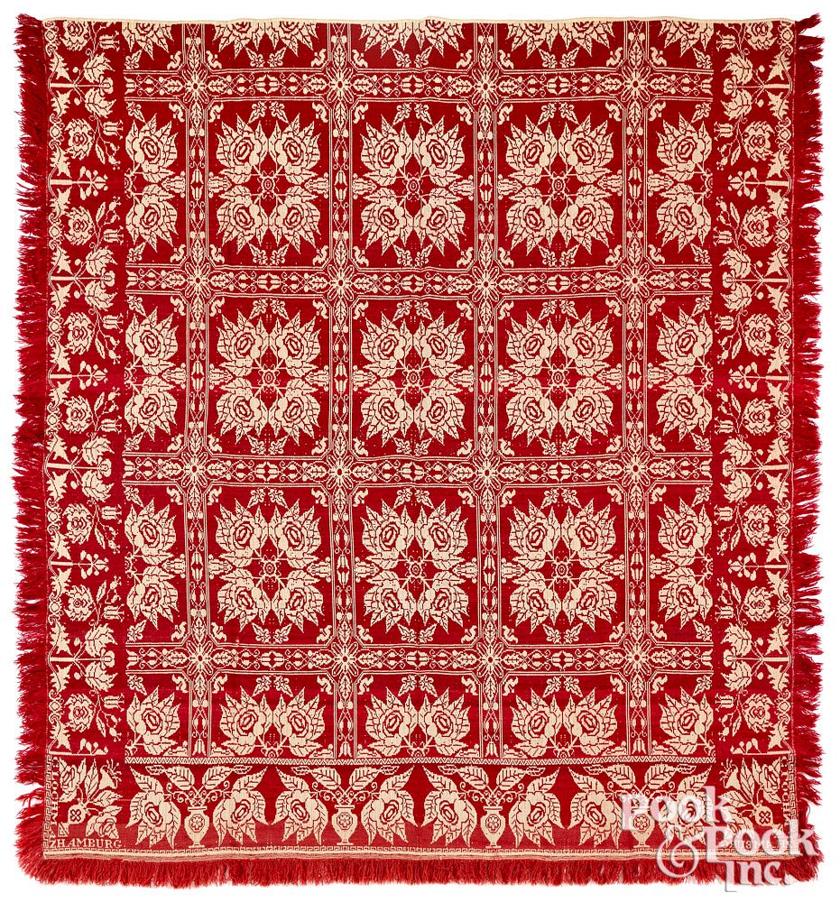 Appraisal: Pennsylvania red and white Jacquard coverlet Berks County Pennsylvania red