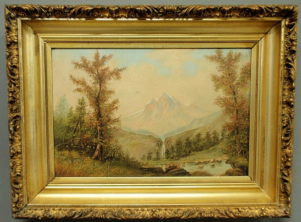 Appraisal: Oil on board landscape painting of mountains and waterfall signed