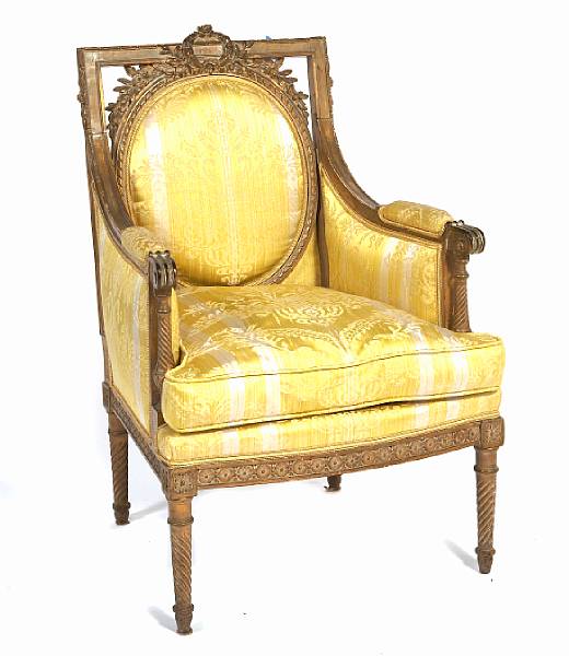 Appraisal: A Louis XVI style parcel gilt and paint decorated armchair