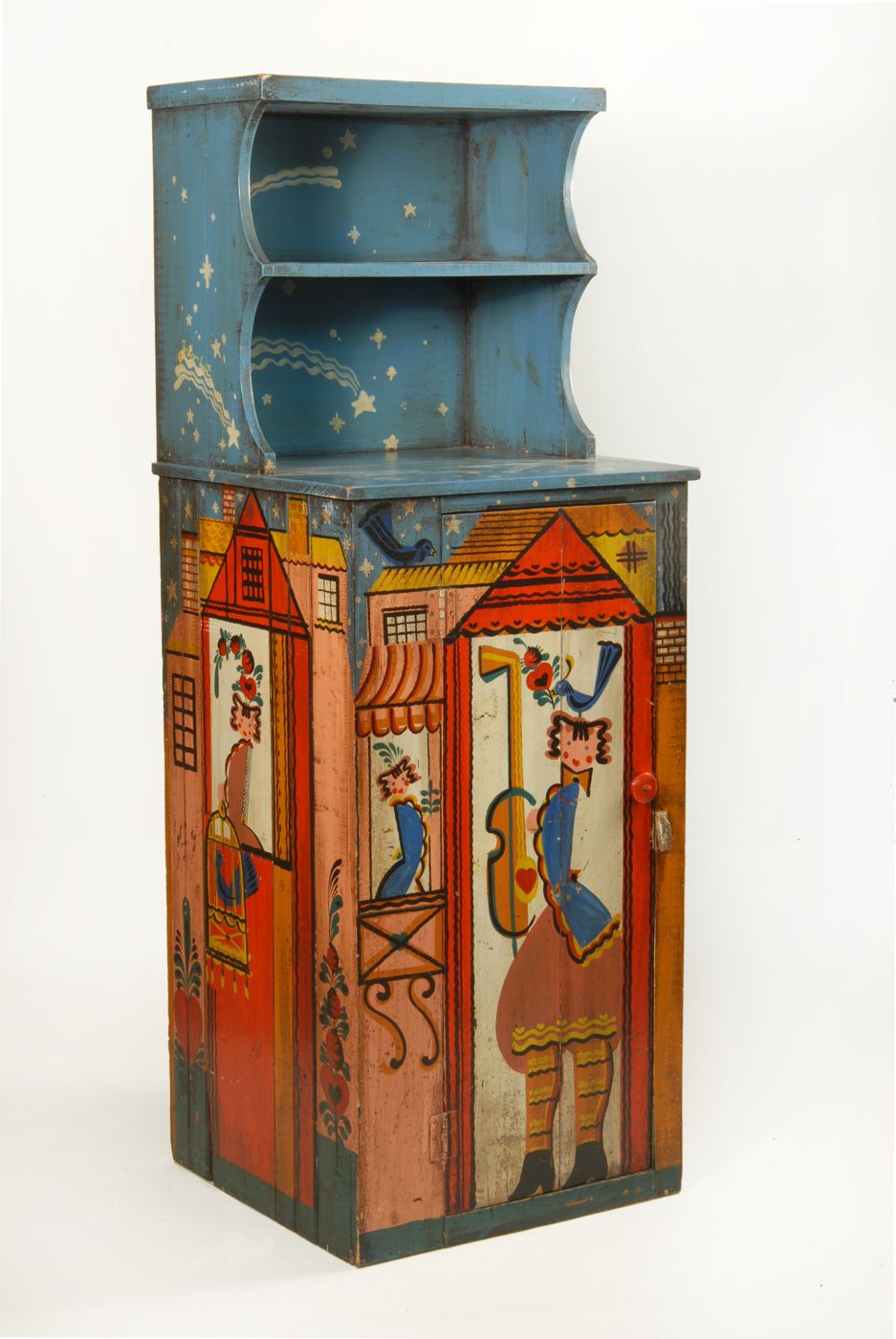 Appraisal: PETER HUNT-DECORATED CABINET th CenturyWith colorful decoration of a house