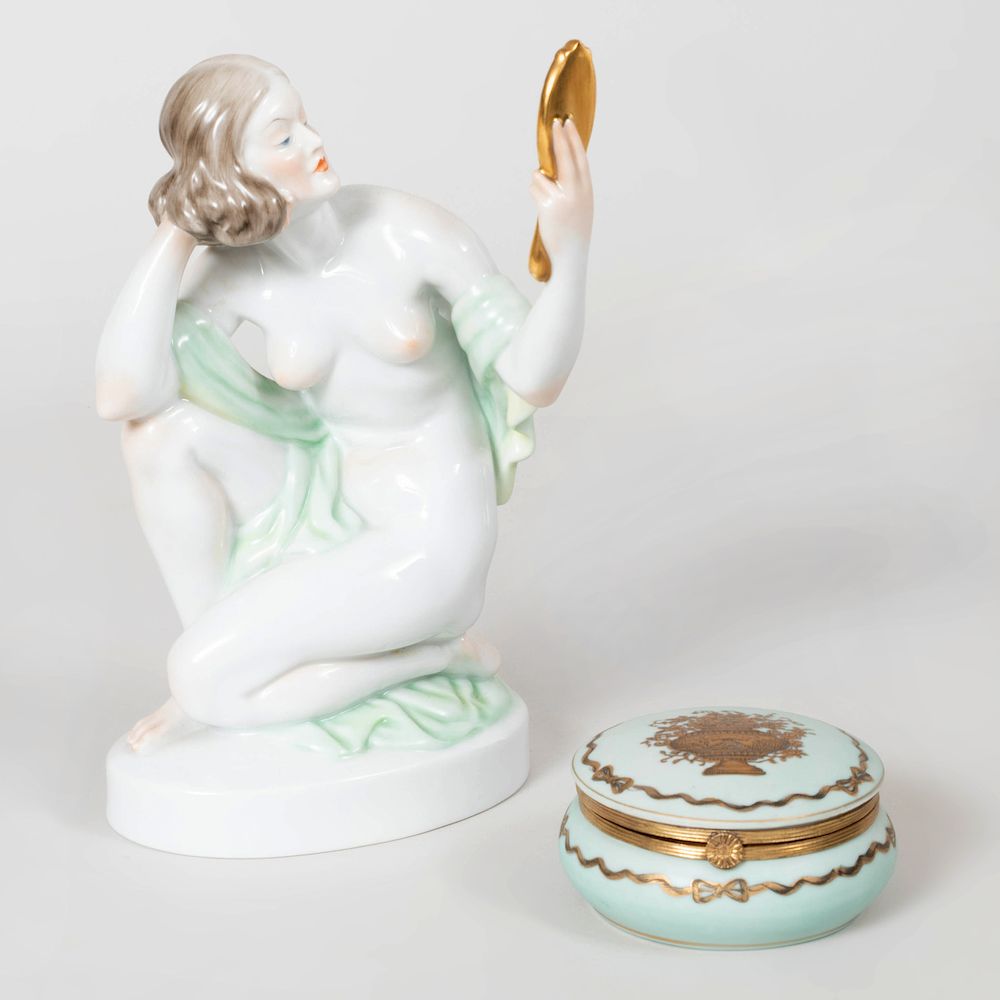 Appraisal: Herend Porcelain Figure of Woman with Limoges Porcelain Box and