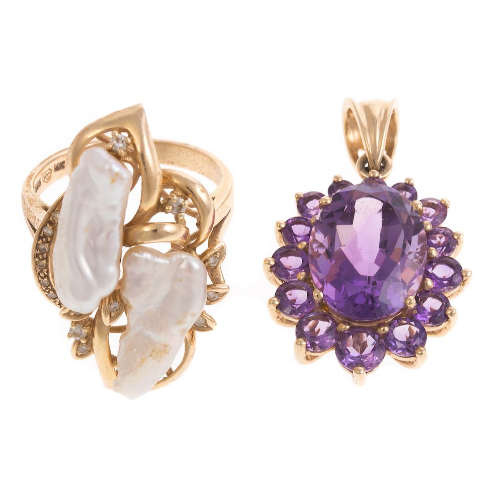 Appraisal: An Amethyst Pendant and Biwa Pearl Ring in K K