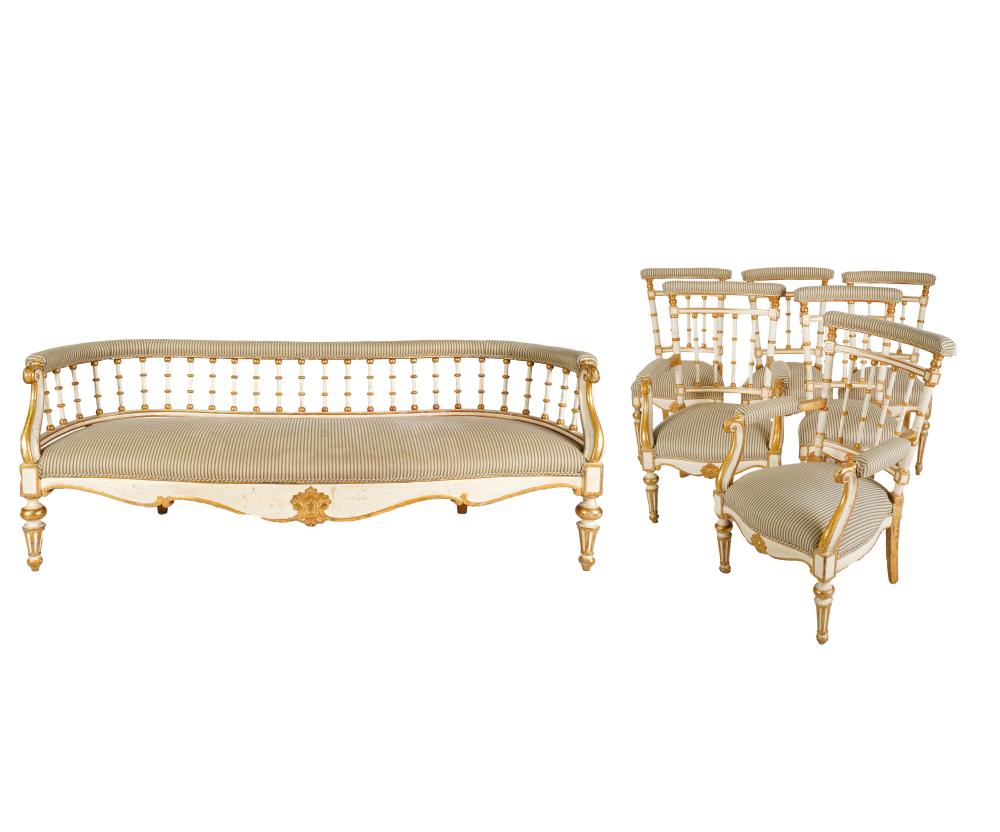 Appraisal: SIX GUSTAVIAN-STYLE PAINTED SIDE CHAIRS BENCHeach chair inches wide inches